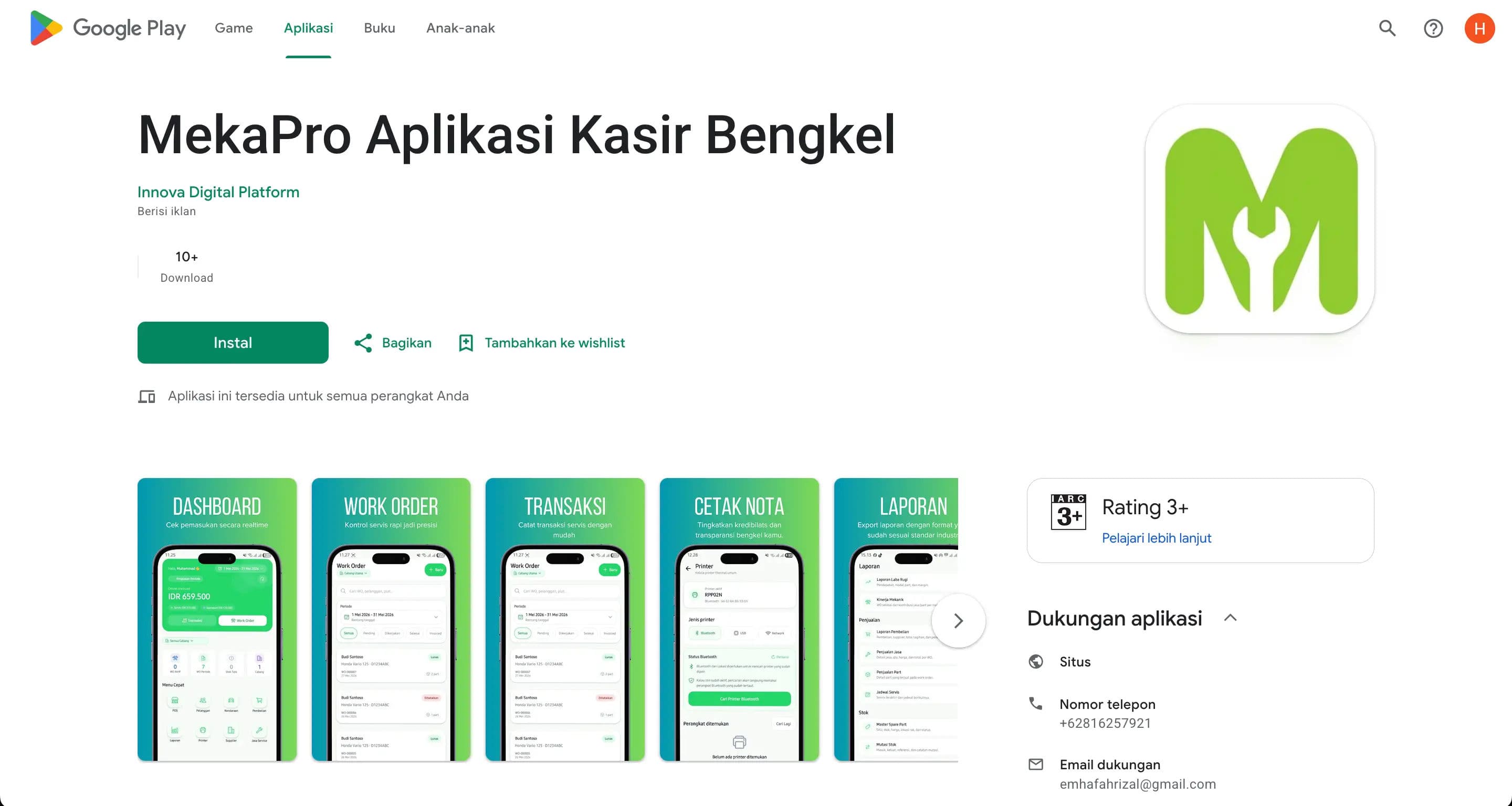 Aplikasi Manajemen Bengkel Android MekaPro di Google Play Store